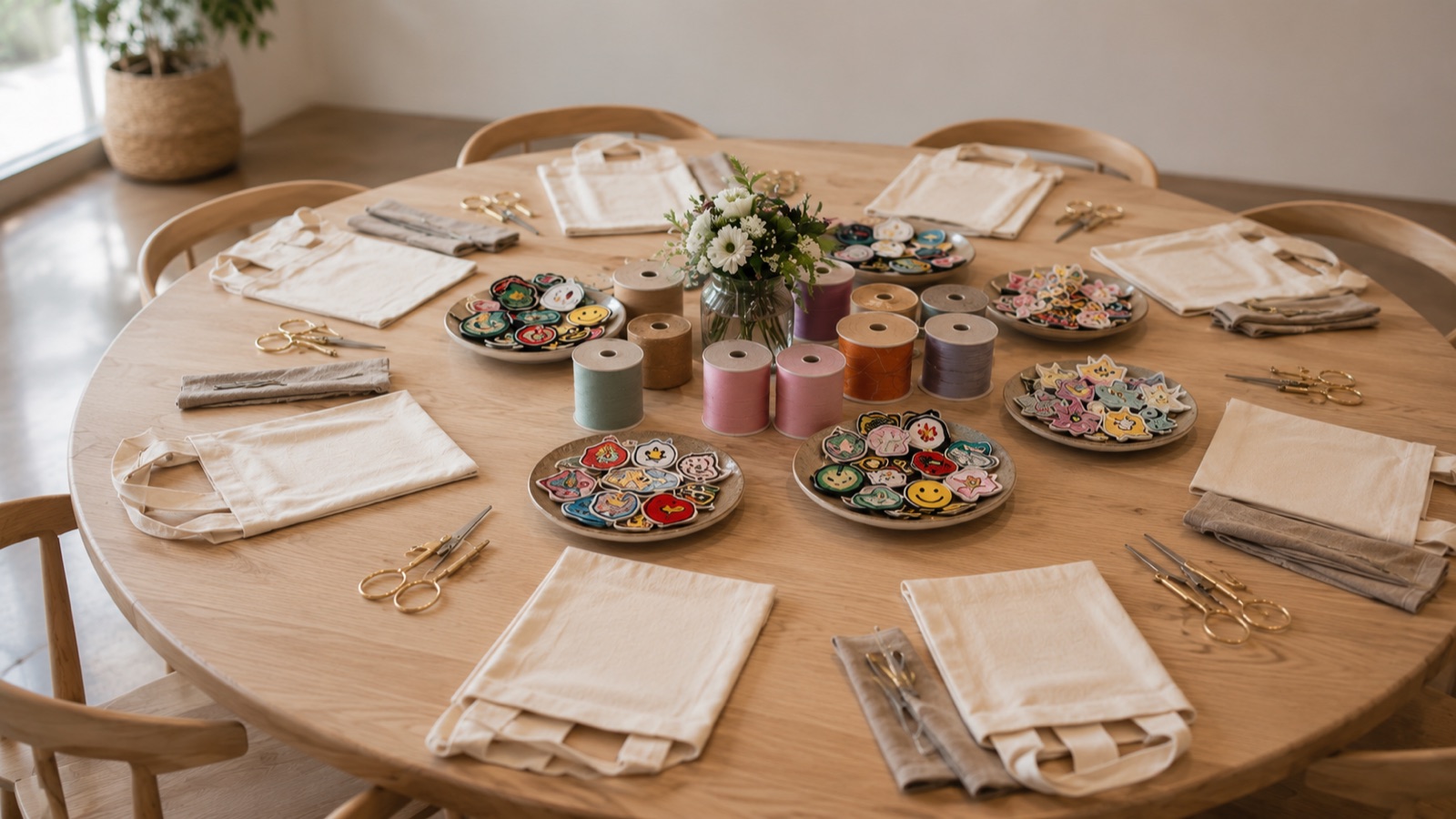 Round oak studio table set for a craft party with tote bags, patches, and ribbon